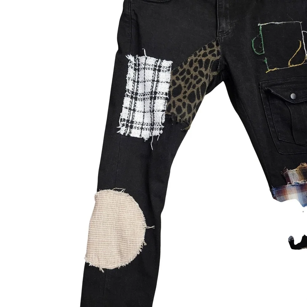 Embellish Trey Black Cargo Patchwork Jeans Leopard Plaid‎ Size 36 Streetwear